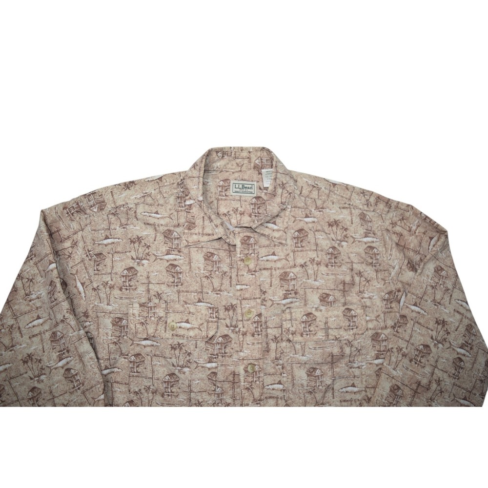 LL Bean Shirt Mens Large Fishing Print Long Sleeve Button Up Nylon Blend Beige